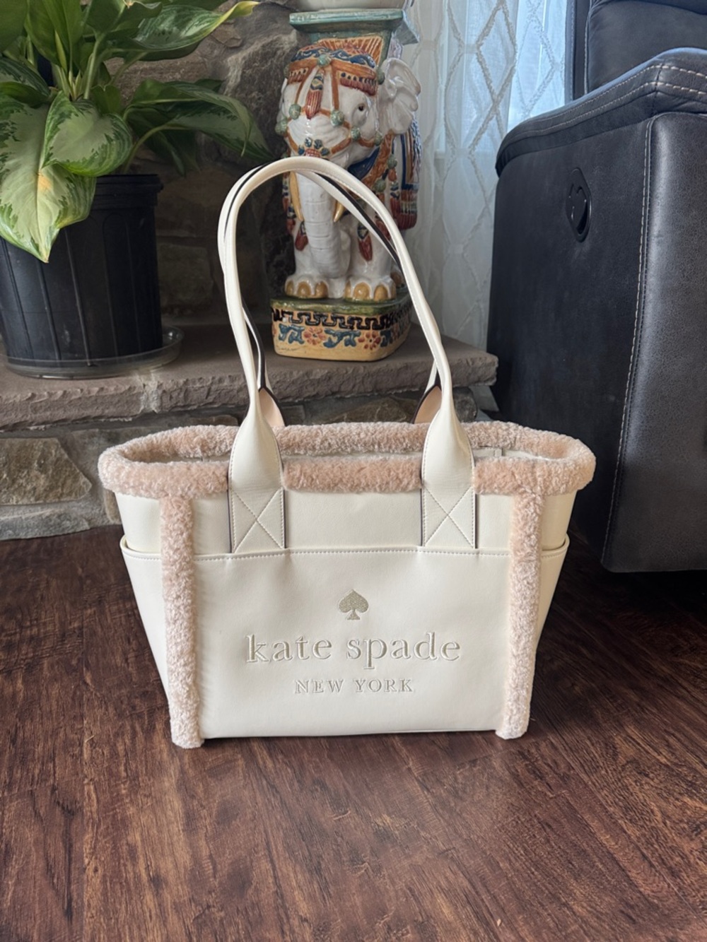 kate spade cream shearling-trim tote